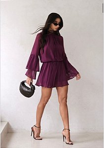 VESTIDO MACAQUINHO MANGA BABADO BOHO - ROXO