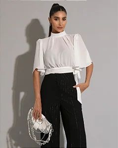 BLUSA CHIFFON AMARRAÇÃO MANGA GODÊ - OFF WHITE