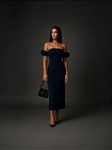 VESTIDO MIDI MANGA BUFANTE FLOR SOUL - AZUL MARINHO