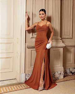 VESTIDO DE FESTA PARIS DRAPEADO BUSTO - TERRACOTA