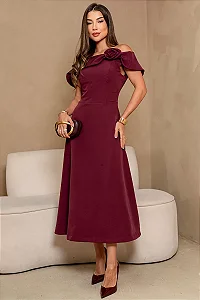 VESTIDO HILDA MIDI DETALHE FLOR - VINHO
