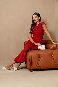 VESTIDO HILDA MIDI DETALHE FLOR - FERRUGEM