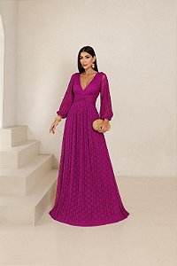 VESTIDO DE FESTA HELOISE RENDA MANGA LONGA - FUCSIA