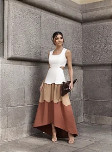 VESTIDO TRICOLOR EMILY MIDI MULET - TERRACOTA COM BEGE