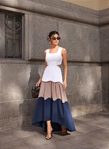 VESTIDO TRICOLOR EMILY MIDI MULET - AZUL COM MARINHO COM AREIA