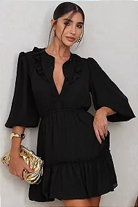 VESTIDO INDYRA CREPE COM BABADO E BOTÃO - PRETO