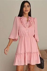 VESTIDO INDYRA CREPE COM BABADO E BOTÃO - ROSA