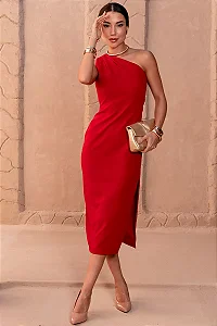 VESTIDO JUSSARA MIDI UM OMBRO ZIPER LATERAL - VERMELHO