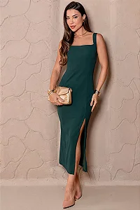 VESTIDO LARISSA MIDI COM FENDA DECOTE QUADRADO - VERDE