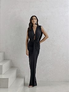 VESTIDO LONGO JERSEY DRAPEADO - PRETO