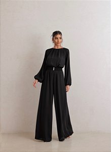 MACACÃO PANTALONA COM CINTO FIVELA - PRETO