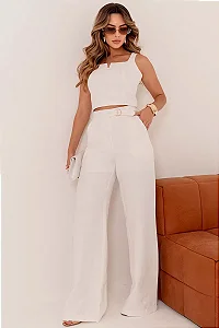 CONJUNTO TÃNIA CROPPED E CALÇA C/DETALHE METAL - OFF WHITE