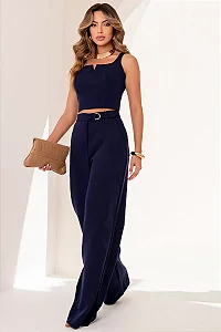 CONJUNTO TÃNIA CROPPED E CALÇA C/DETALHE METAL - AZUL MARINHO