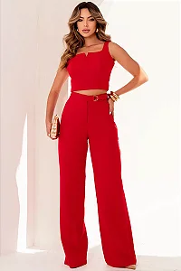 CONJUNTO TÃNIA CROPPED E CALÇA C/DETALHE METAL - VERMELHO