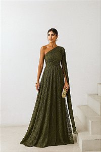 VESTIDO DE FESTA HELENA LONGO RENDA - VERDE OLIVA