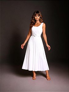 VESTIDO PLISSADO CINTO GLAMOUUR - OFF WHITE