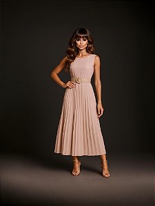 VESTIDO PLISSADO CINTO GLAMOUUR - BEGE