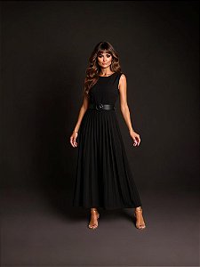 VESTIDO PLISSADO CINTO GLAMOUUR - PRETO