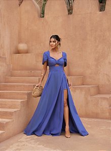 VESTIDO FESTA COM MANGA CINTURA PREGAS - AZUL