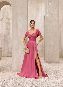 VESTIDO FESTA COM MANGA CINTURA PREGAS - ROSA SECO