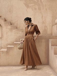 CONJUNTO SAIA LINHO PURO - MARROM
