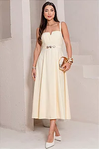 VESTIDO BRENDA DECOTE V DETELHE METAL - AMARELO