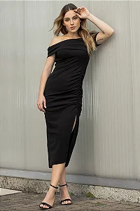 VESTIDO ELISANGÊLA OMBRO A OMBRO FRANZIDO - PRETO