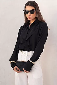 CAMISA AGHATA CREPE COM BABADO -  PRETO