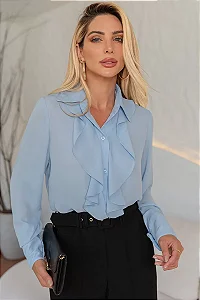 CAMISA AGHATA CREPE COM BABADO - AZUL