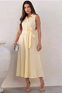 VESTIDO ROSE MIDI ABERTO COM BOTÕES E FAIXA - AMARELO
