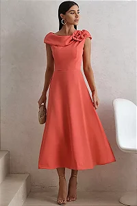VESTIDO HILDA MIDI DETALHE FLOR - CORAL