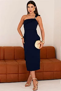 VESTIDO ANGELINA MIDI UM OMBRO COM DETALHE METAL - AZUL MARINHO