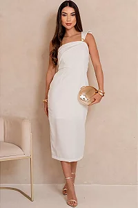 VESTIDO ANGELINA MIDI UM OMBRO COM DETALHE METAL - OFF WHITE
