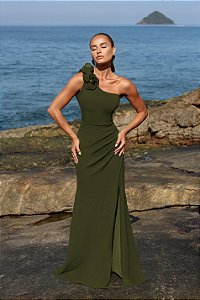 VESTIDO DE FESTA SUNSHINE UM OMBRO DETALHE FLOR - VERDE OLIVA