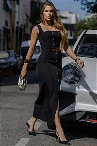 CONJUNTO NÚBIA SAIA MIDI E CROPPED DETALHE BOTÕES - PRETO