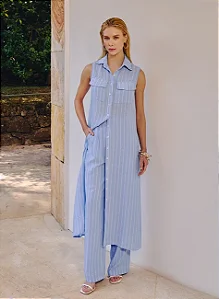 CONJUNTO CHEMISE COM CALÇA LISTRADO - AZUL CLARO