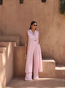 CONJUNTO CHEMISE COM CALÇA LISTRADO - ROSA CLARO