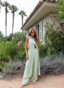 CONJUNTO CHEMISE COM CALÇA LISTRADO - VERDE MENTA
