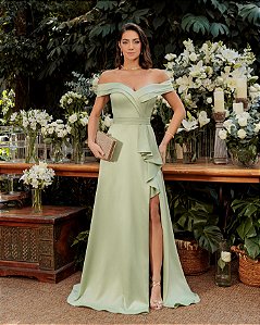 VESTIDO DE FESTA PRISCILA CREPE ACETINADO OMBRO A OMBRO - VERDE MENTA