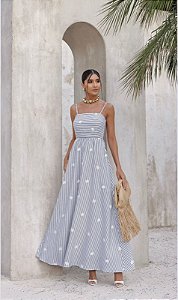 VESTIDO LONGO COM BORDADO LISTRADO - PRETO
