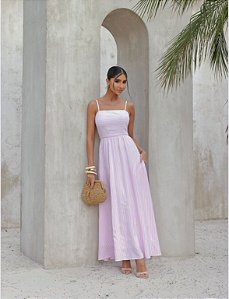 VESTIDO LONGO COM BORDADO LISTRADO - ROSA CLARO