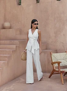 CONJUNTO VENEZA COLETE E CALÇA RISCA E GIZ - OFF WHITE