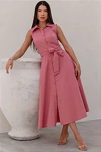 VESTIDO ROSE MIDI ABERTO COM BOTÕES E FAIXA - ROSÉ