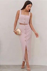 CONJUNTO NÚBIA SAIA MIDI E CROPPED DETALHE BOTÕES - ROSA