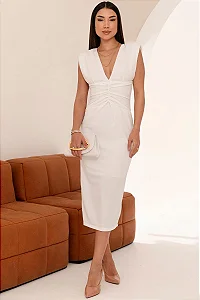 VESTIDO INÊS MIDI DECOTE V FRANZIDO NA CINTURA - OFF WHITE