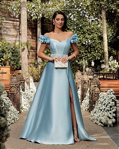 VESTIDO TAYLOR ZIBELINE OMBRO A OMBRO FLOWER - AZUL SERENITY