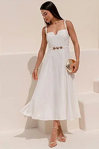 VESTIDO BRENDA DECOTE V DETELHE METAL - OFF WHITE