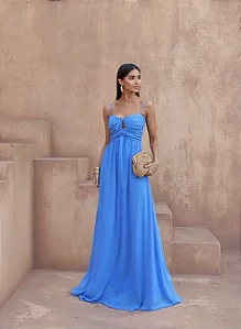 VESTIDO LONGO CREPE SILK AZUL CIANO - DÉBORA