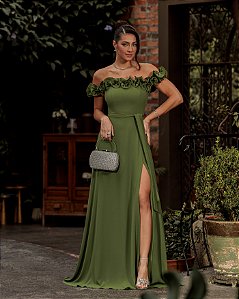 VESTIDO DE FESTA TAMIRES LONGO FLOWERS - VERDE OLIVA