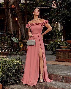 VESTIDO DE FESTA TAMIRES LONGO FLOWERS - ROSA CANELA